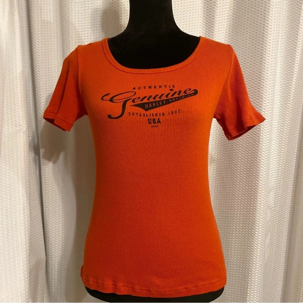 Harley Davidson Orange Ribbed Fitted Tee T-shirt Size Large